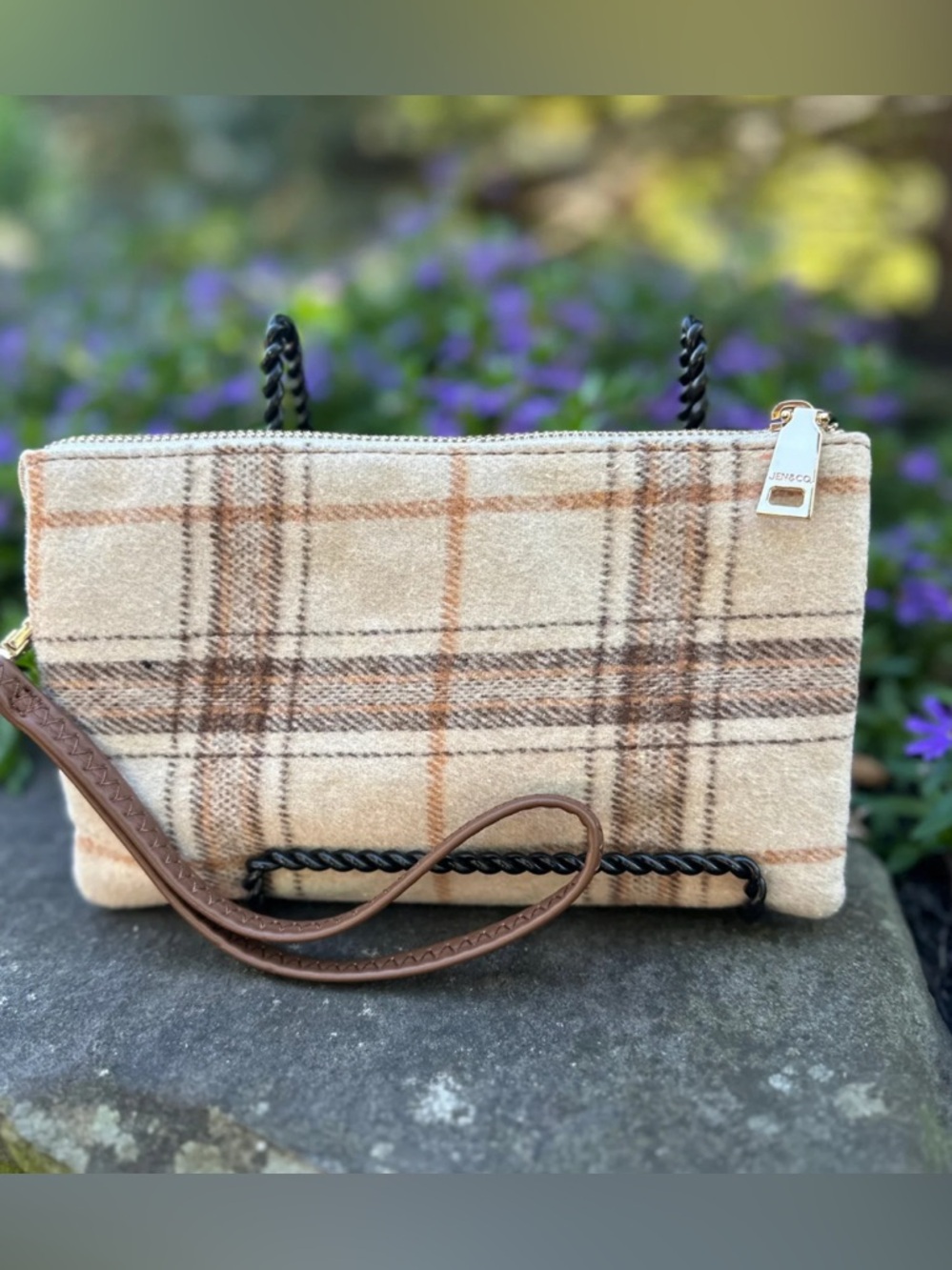 Neutral Plaid Crossbody Bag with Chain Accent